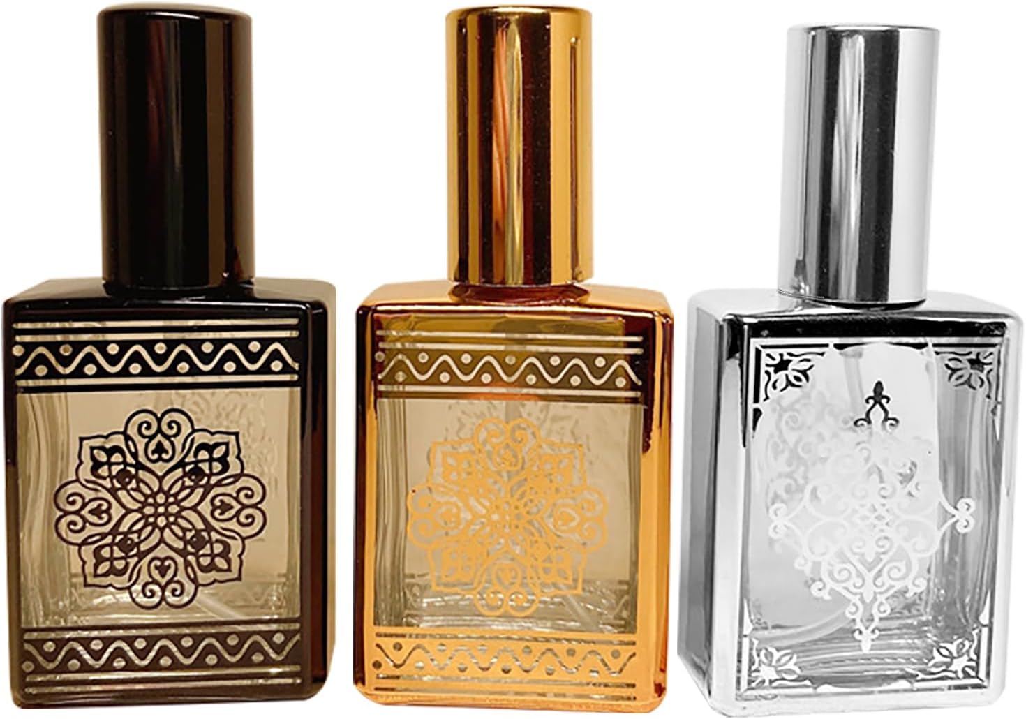 3 Pack 15ml Glass Square Spray Bottles, Refillable Sample Vials Fine Mist Spray Perfume Container, Empty Fragrance Holders, Middle Eastern Style Engraved Glass Essential Oil Atomizer Bottles