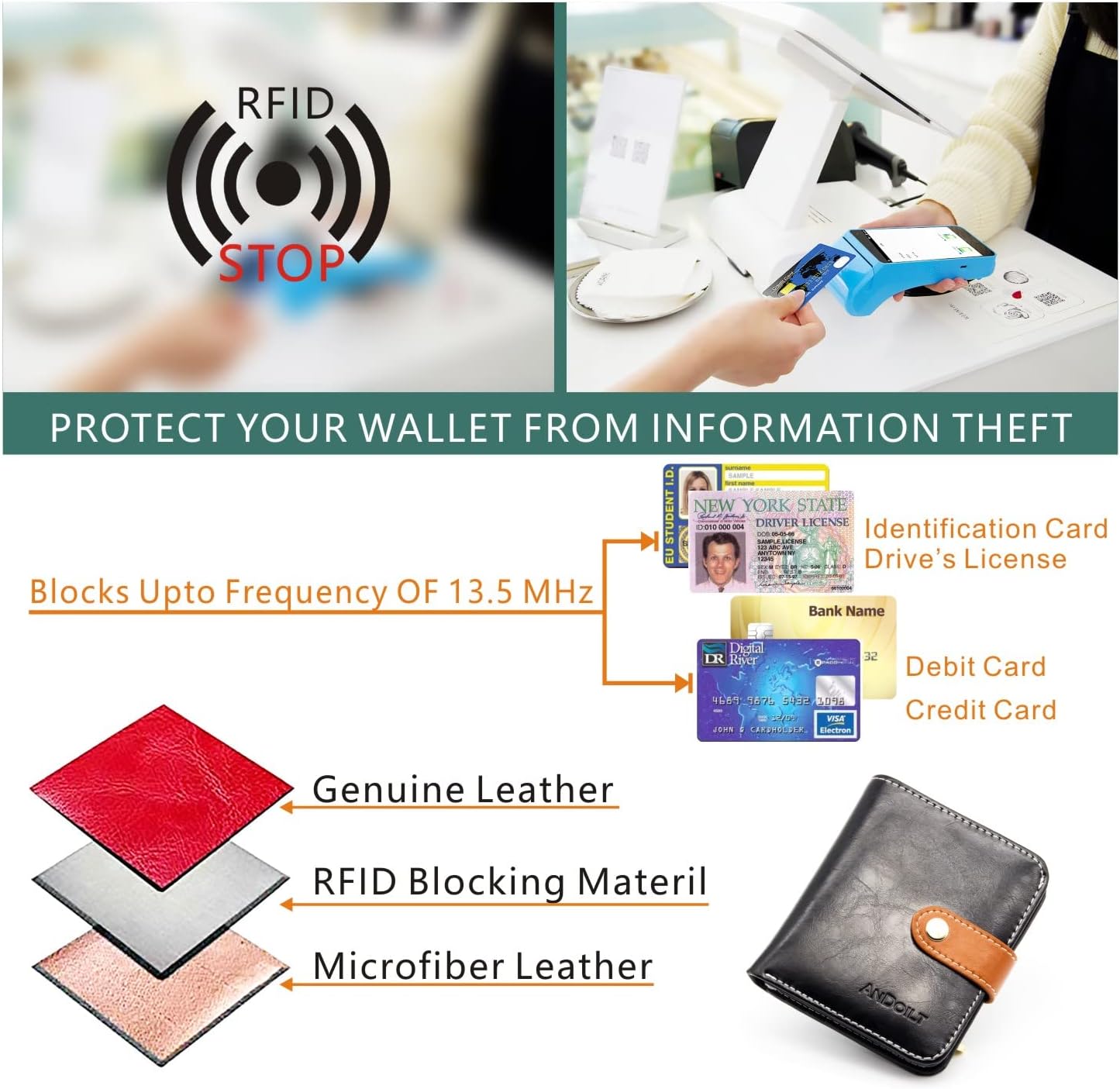 ANDOILT Small Wallets for Women Compact Bifold Pocket RFID Blocking Genuine Leather Wallet Mini Purse with ID Window Coin Pocket Black - Image 6