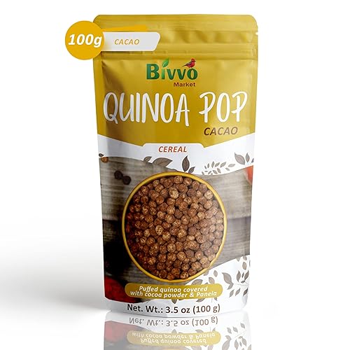 Bivvo Market Quinoa Puffs - Quinoa hinchada vegana con sabor a cacao, alternativa perfecta a aperitivos y cereales de grano - Superalimento rico en