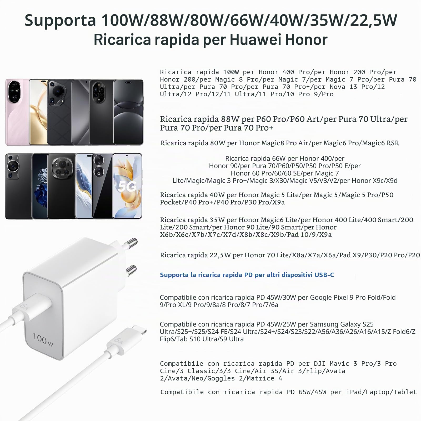 ACOCOBUY Caricabatterie rapido 100W e Cavo USB C a C 1 m per Honor 600 400 | Caricabatterie rapido USB-C PD ricarica rapida per Honor Magic 8 7 6 5 Lite V6 V5 V3 X5c X6b X6c X7e X8d X9d Pad 10 9 X9a X8a