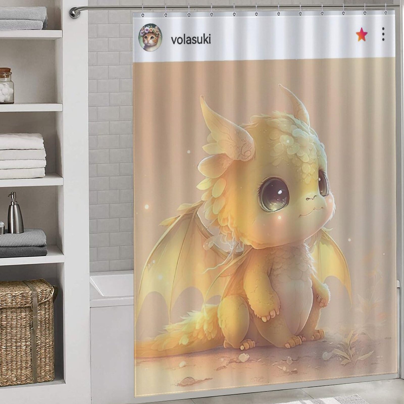 PAZZK Cute Dragon Shower Curtains, Bathroom Curtains Washable Polyester with 12 Hooks for Wet Room 66x72Inch（168x183cm）