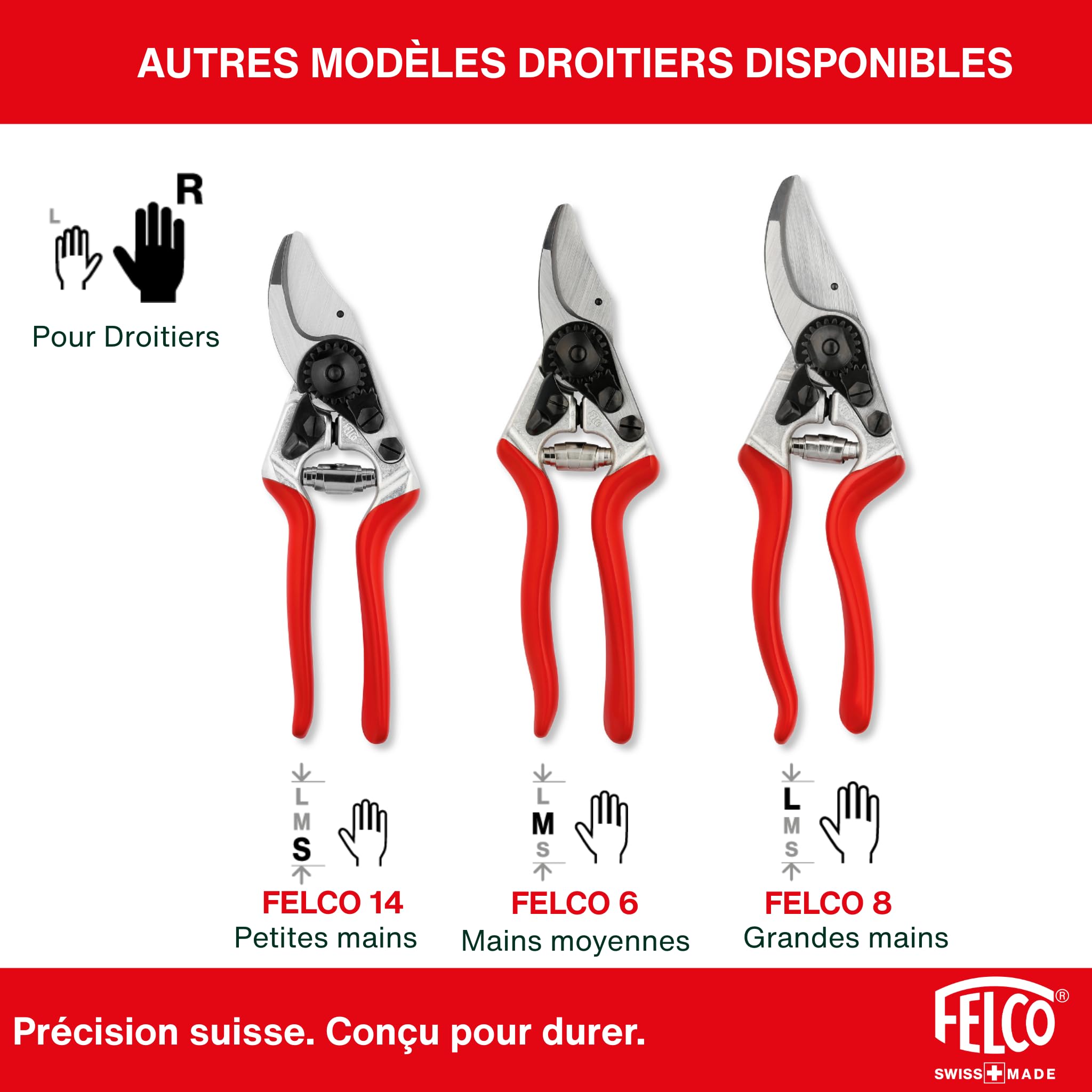 FELCO 2 sécateur bypass professionnel droitier, lame acier trempé 41 mm, poignées aluminium forgé, outil de taille robuste pour main moyenne à grande, coupe nette 25 mm, fabrication suisse
