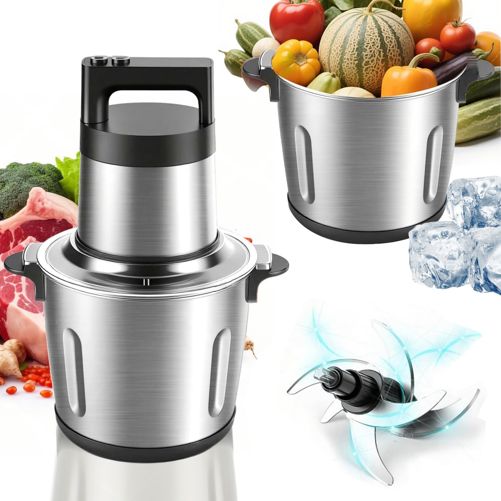 Procesador de alimentos grande, picadora eléctrica de 1200 W, potente motor de cobre, incluye 3 juegos de cuchillas de dos niveles y 1 cuenco de 25 tazas/6 L
