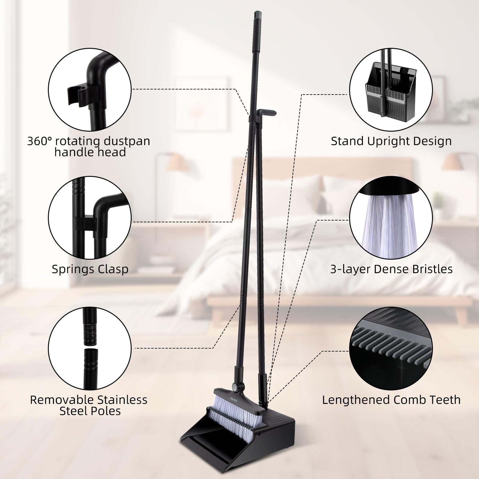 Broom and Dustpan Set Upgrade 50" Long Handle Broom with Stand Up Dustpan Combo Set for Office Home Kitchen Lobby Floor Use Dust pan and Broom Set 3
