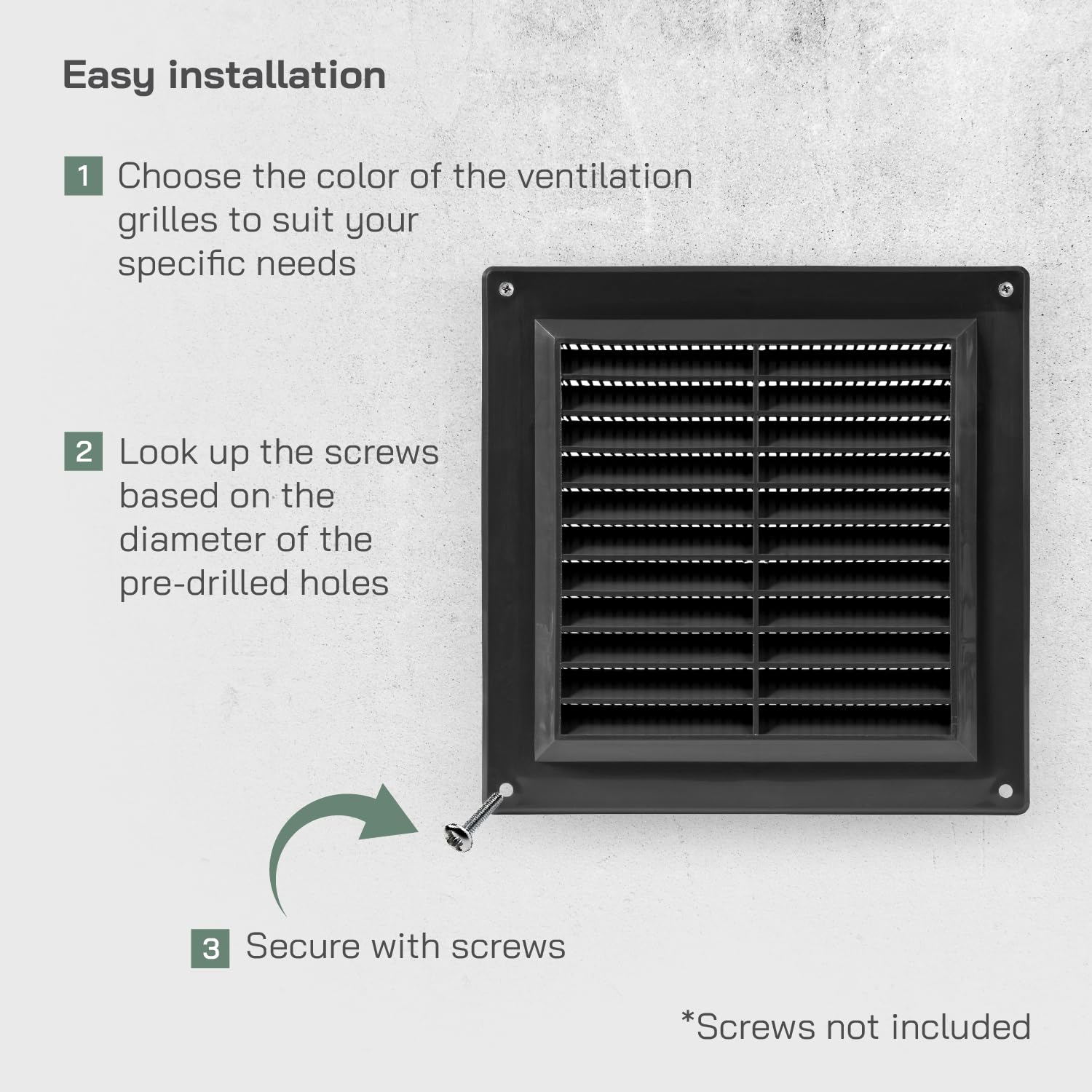 Vent Systems 150 x 150 mm / 6" x 6" Inch Black Square Plastic Air Vent Cover, Louvered Wall Grille with Mesh Screen Guard - Image 4