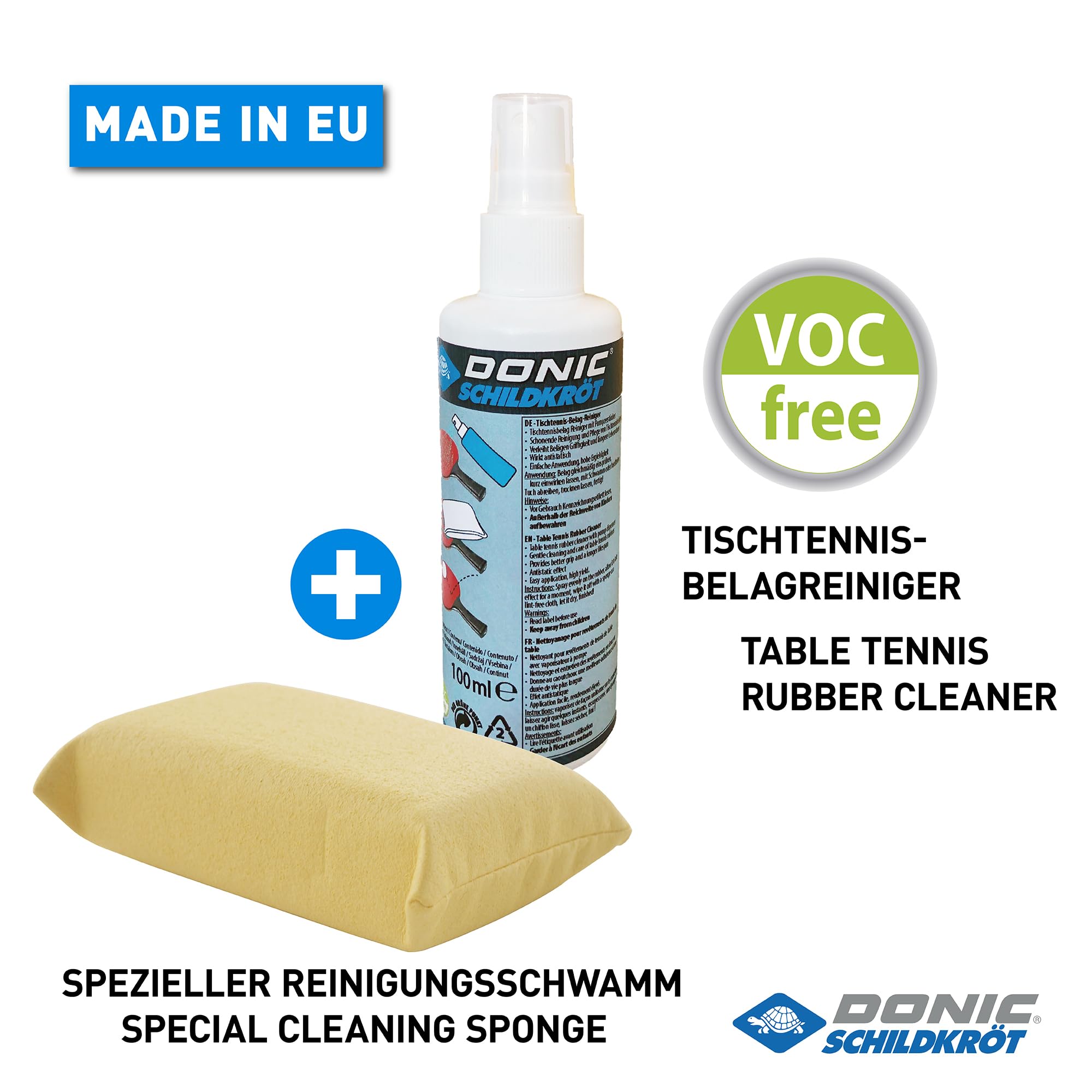 Schildkröt Donic-Schildkröt 828529 zestaw do czyszczenia tenisa stołowego, 100 ml, środek do czyszczenia nakładek w rozpylaczu z pompką i gąbką do czyszczenia, do odświeżania wykładzin rakietowych