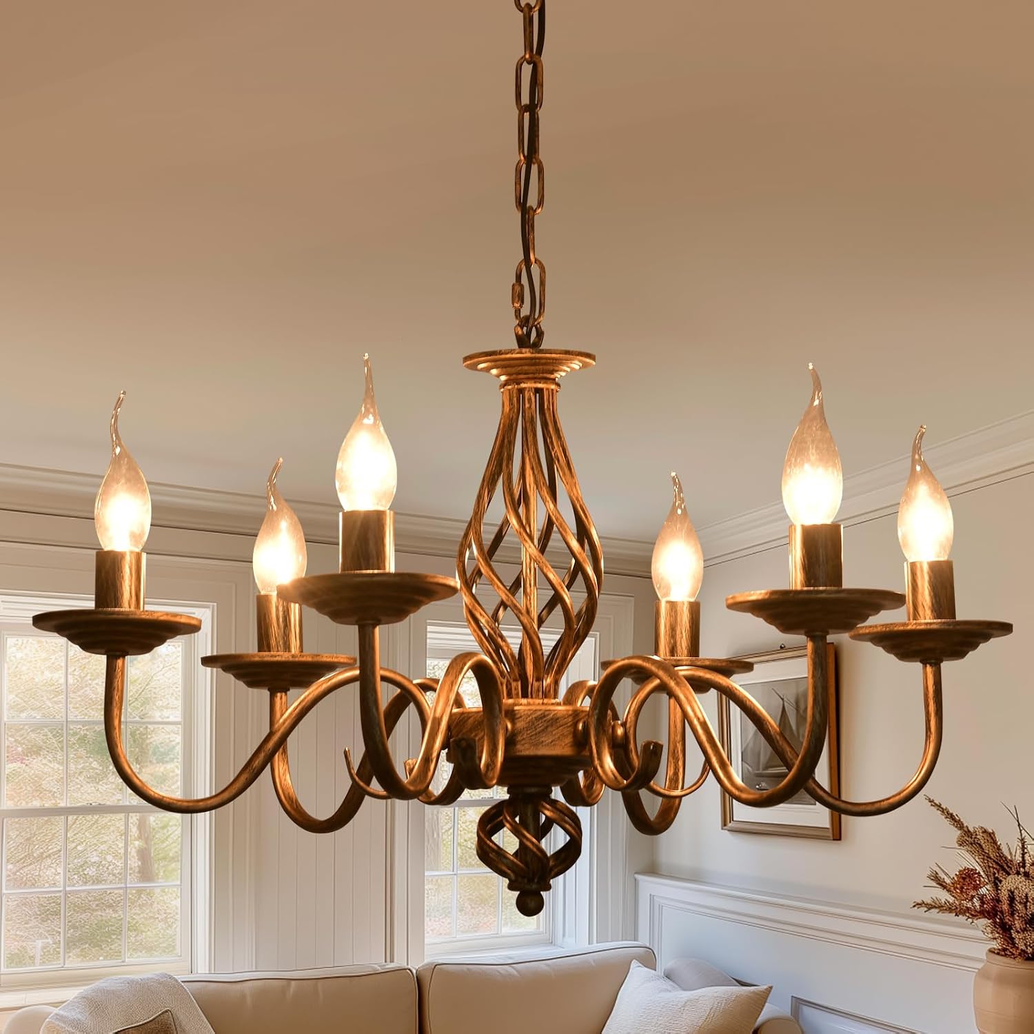 Ganeed French Country Chandeliers, 6 Lights Rustic Vintage Metal Pendant Light Fixture Hanging Light for Farmhouse, Kitchen Island, Dining Room, Living Room, Antique Bronze E12 Base