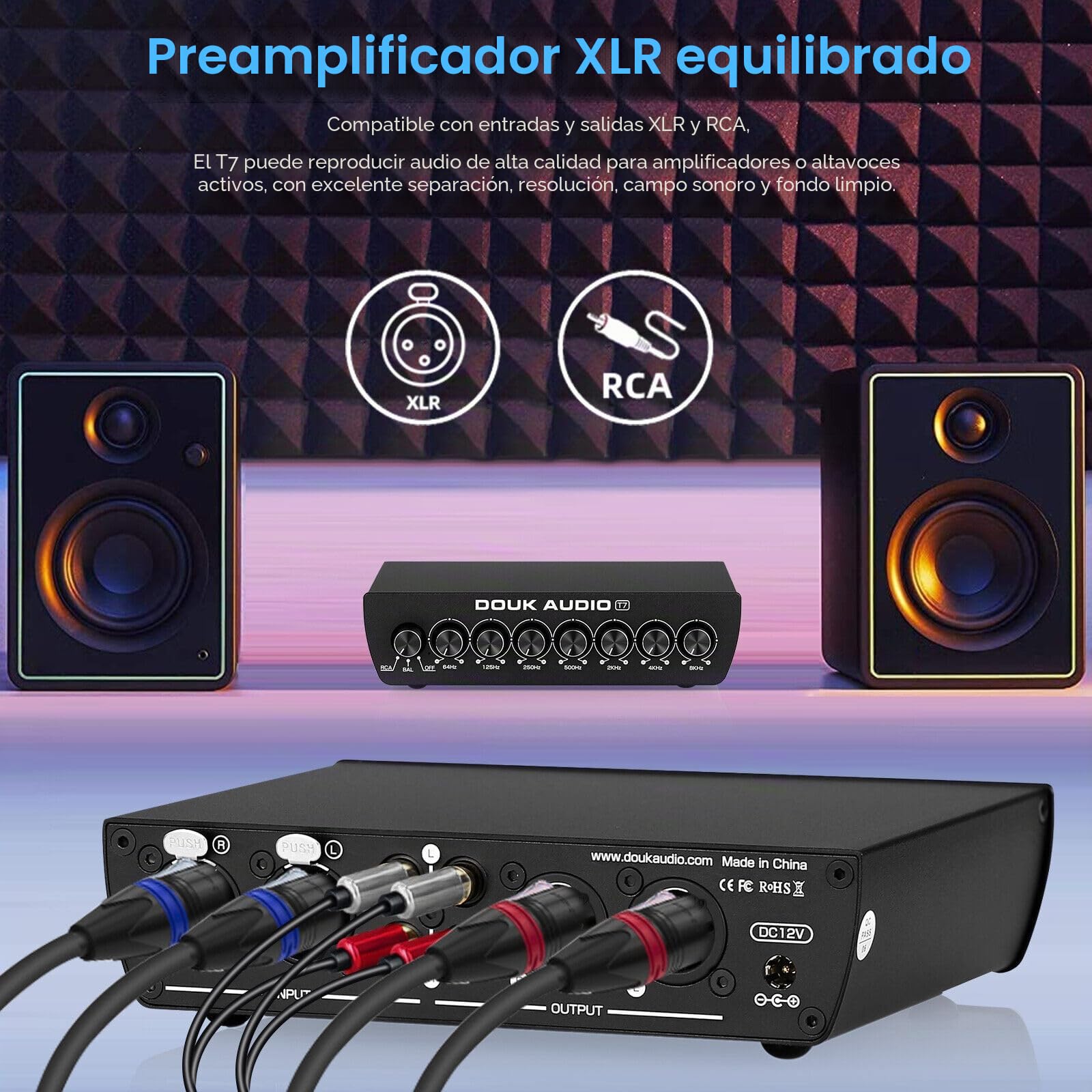 Douk Audio T7 Ecualizador de 7 bandas, preamplificador XLR/RCA simétrico para amplificador doméstico
