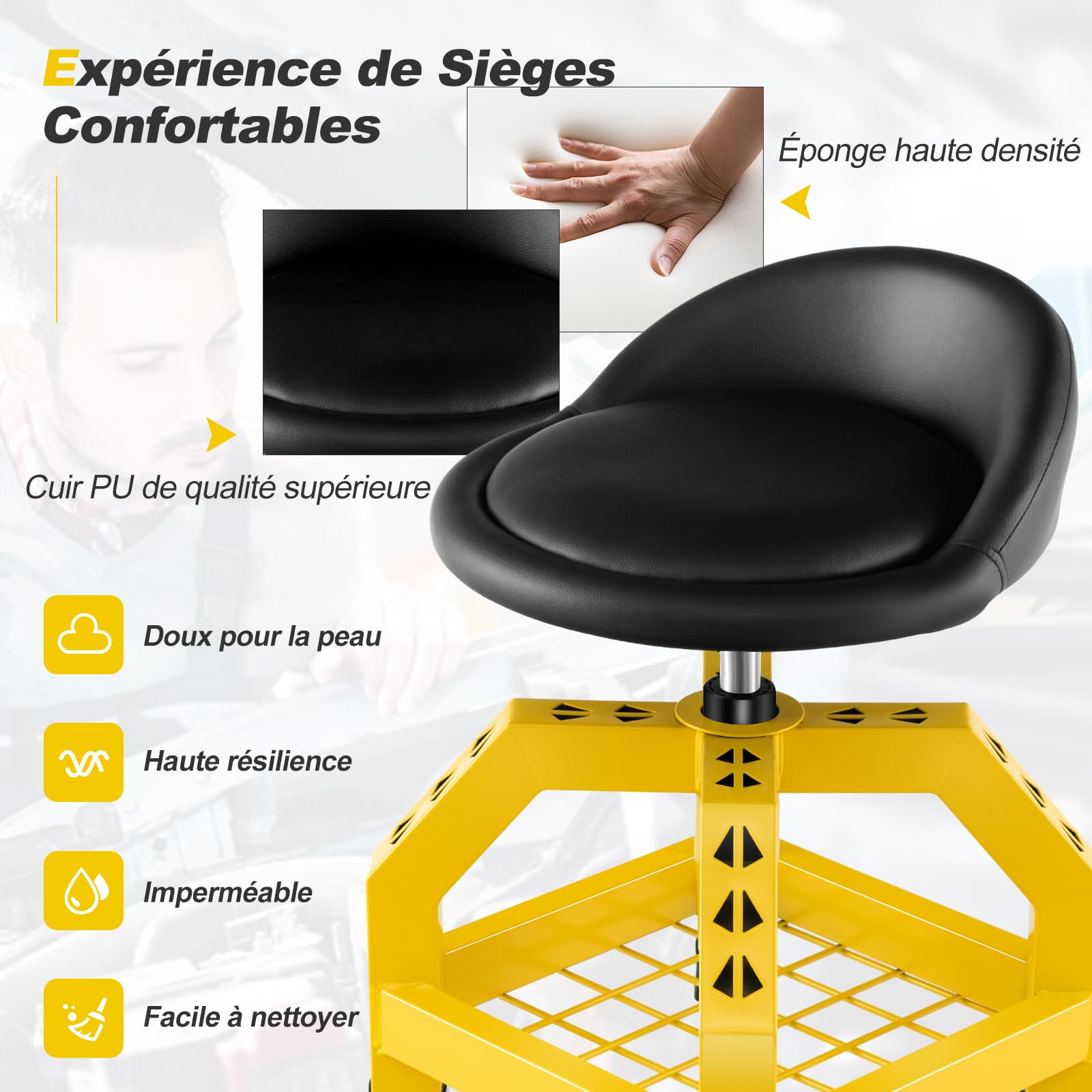 GOPLUS Tabouret d'Atelier à 4 roulettes, Tabouret Servant avec Hauteur Réglable 67-80cm & Plateau à Outils, Charge 150KG, Siège Pivotant pour Garage, Atelier (Jaune)