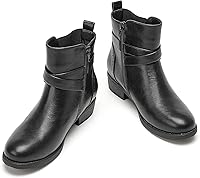 Vista 5 de VJH confort Botines para mujer, punta redonda, tacón bajo, cómodos, elásticos, con correa de hebilla y cremallera lateral