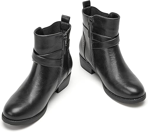 Miniatura 5 de VJH confort Botines para mujer, punta redonda, tacón bajo, cómodos, elásticos, con correa de hebilla y cremallera lateral