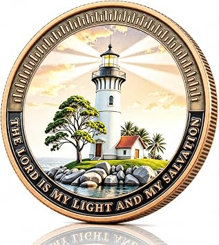 Christian Challenge Coin Faith Pocket Token Inspirational Psalm 271 Dual-Sided Lighthouse Medallion, Religious Gift for Men, Women, Baptism, First Communion