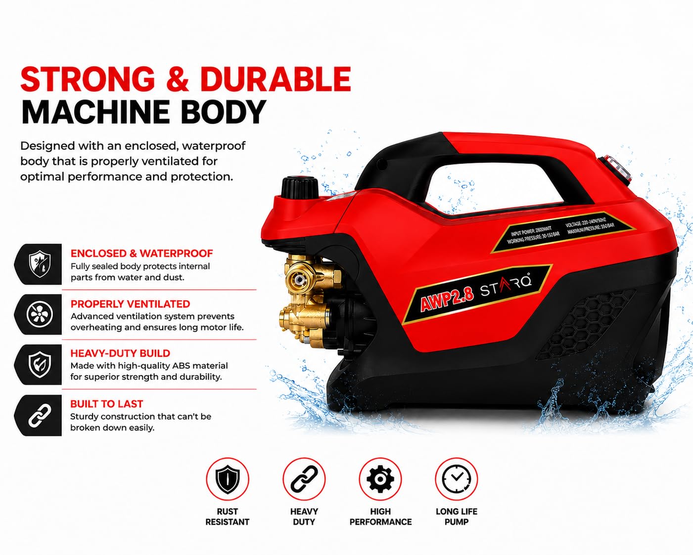 STARQ AWP 2.8 High Pressure Washer 2800W, 350 Bar, 12L/Min Flow, 8M Hose Pipe, Portable Car, Bike & Home Cleaner with Pressure Control Knob 4