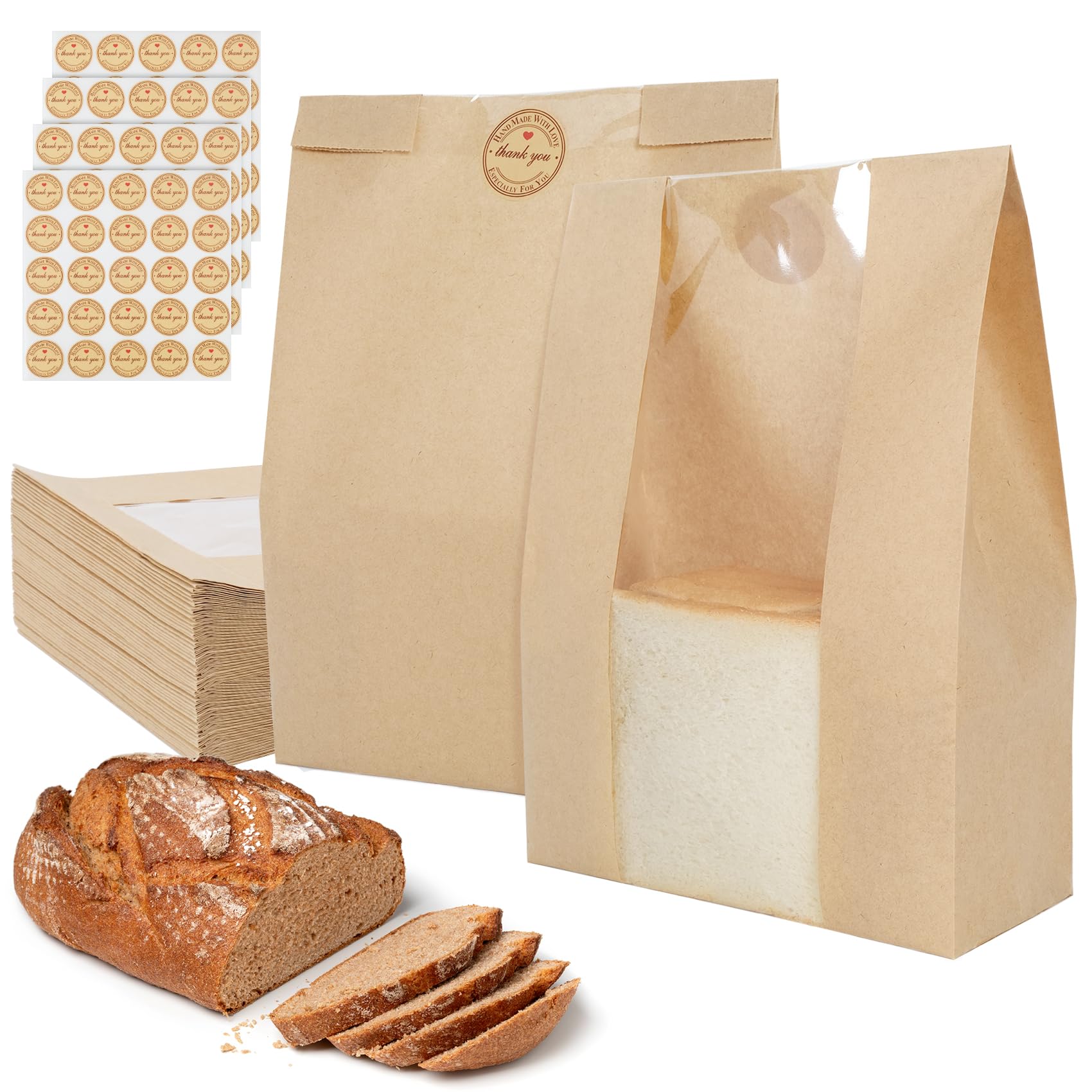 Aimyoo Homemade Sourdough Bread Bags, 13.7x8.3x3.5in 100 Pack Brown Bakery Bags with Window & Seal Stickers