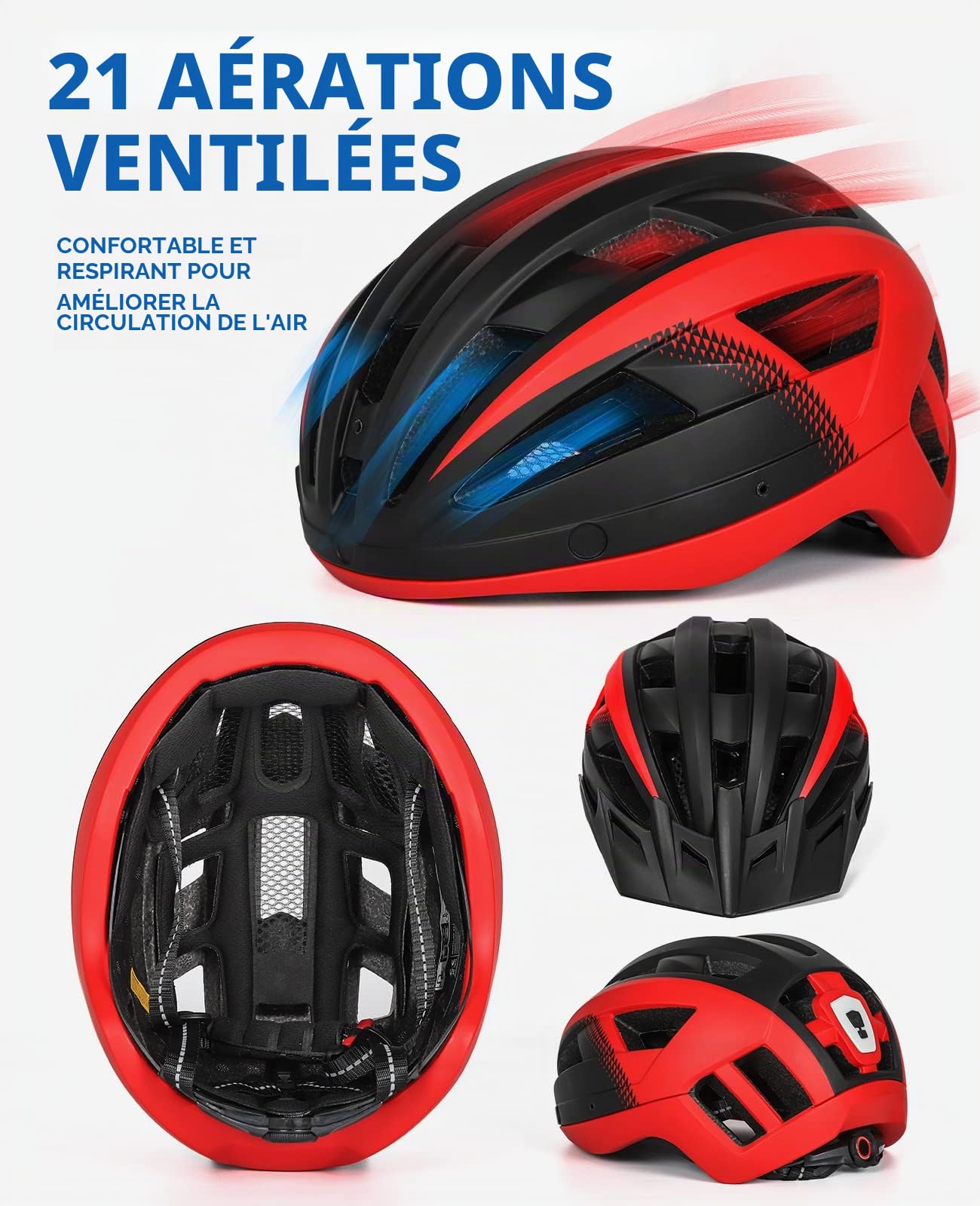 Casque Velo Homme Femme avec Visiere et Lunettes Détachables, Casque Vélo Casques VTT avec Feu Arrière à LED Rechargeable, Casque Cyclisme pour Adulte et Adolescent (L: 57-61 cm, Noir Rouge)
