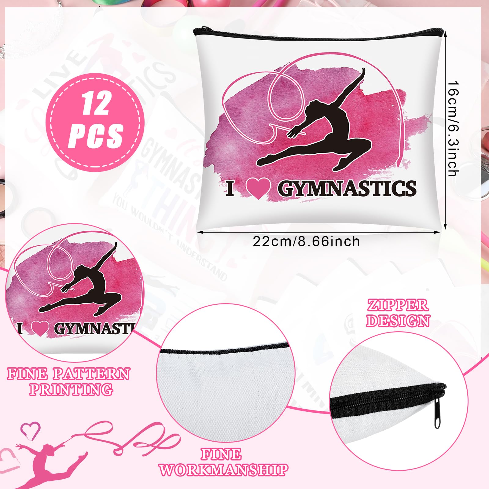 12 Pcs Gymnastics Makeup Bag Inspirational Gymnast Lover Gifts Gymnast Cosmetic Bag for Girls Women Daughter Gymnastics Coach Sports Lovers Birthday