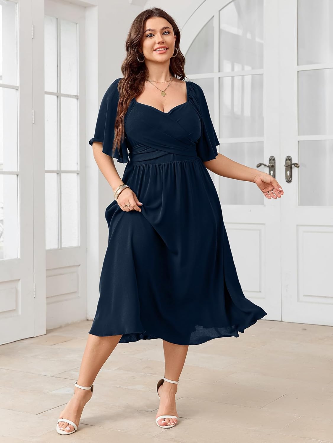 Women's Plus Size Midi Dress Sweetheart Neck Short Sleeve Wedding Guest Cocktail A Line Flowy Dress - Image 5