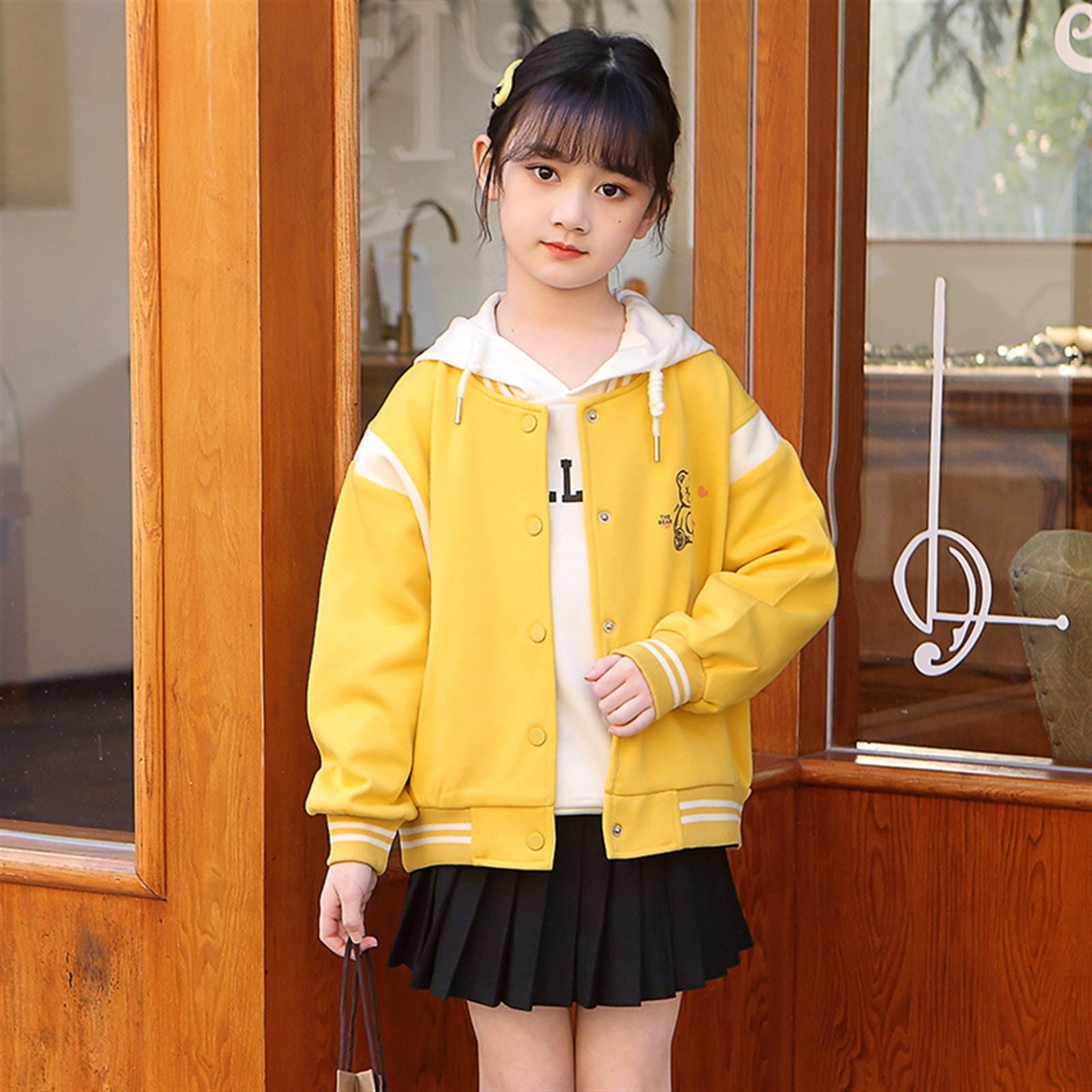 Dziewczyna Biały sweter + żółta kurtka, moda Dwa koreańska wersja puloweru z kapturem (Color : Yellow, Size : 150cm)