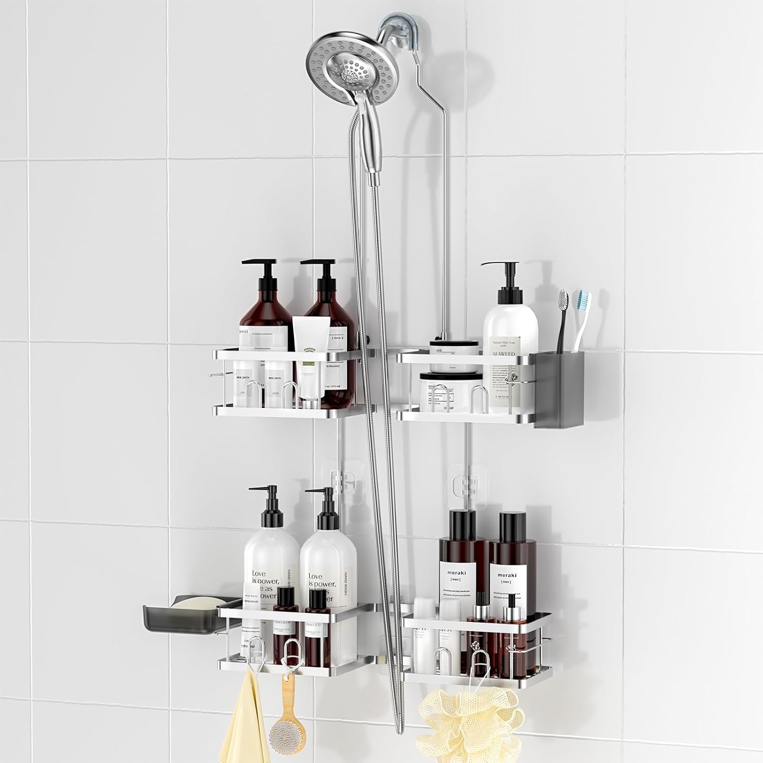 REINHARDT Adjustable Shower Caddy Hanging Rustproof Shower Caddy for Handheld Showerheads, Shower Organizer with Hooks Soap Holder, Anti-Swing Shower Rack Bathroom Accessories, Silver