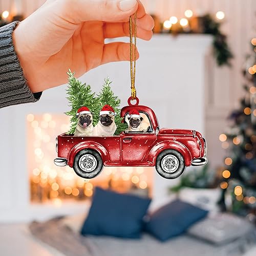 Miniatura 3 de Talataca Pug con camión rojo de Navidad, árbol de pino, regalo 2D plano para espejo retrovisor, accesorios para el árbol de Navidad, adorno para