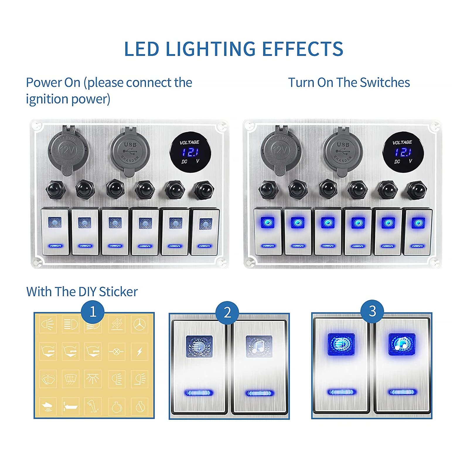 Pannello interruttori a bilanciere a 6 bande 12V 24V Pannello interruttori a levetta a 5 pin con doppio LED blu e interruttore automatico per auto, roulotte, moto,