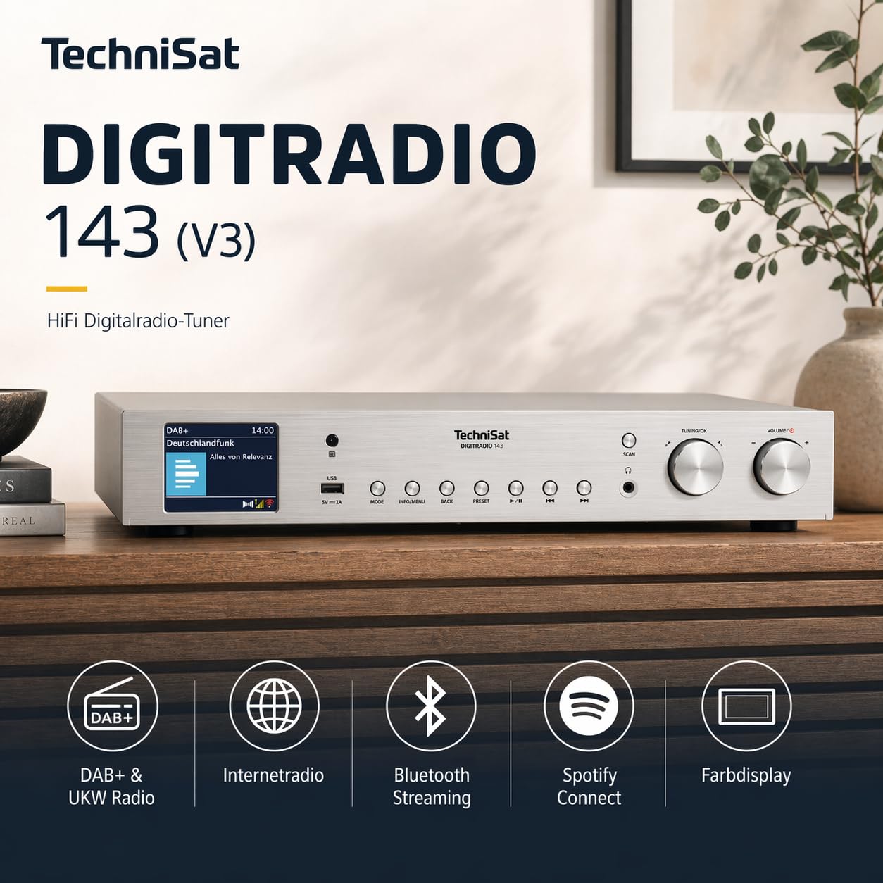 TechniSat DIGITRADIO 143 (V3) - Tuner HiFi Internetradio (Radio numérique Dab+, Streaming Audio Bluetooth, Spotify Connect, antenne Filaire, télécommande, Largeur 43,5 cm) Argent
