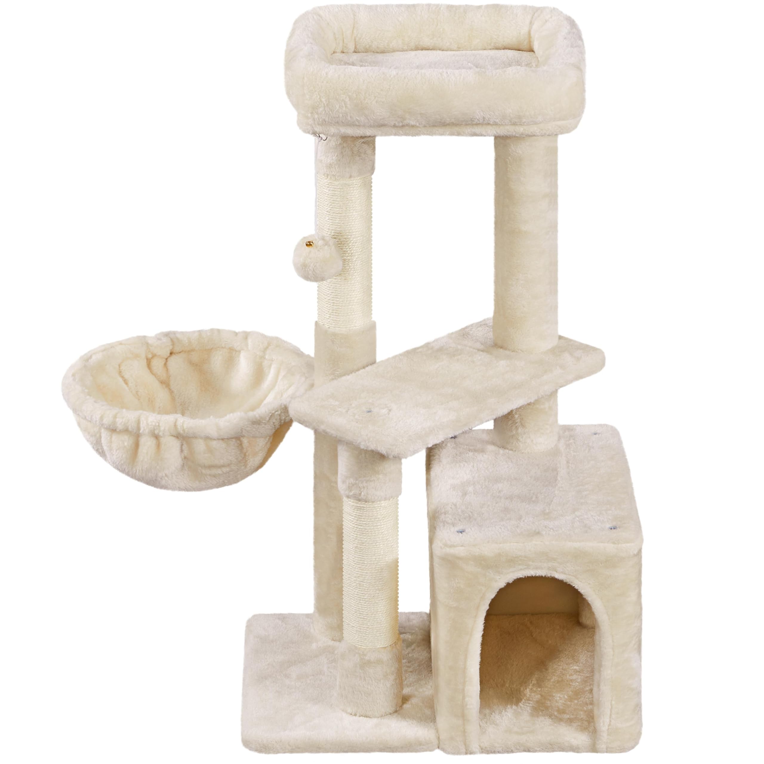 Abician Arbre à Chat Arbre à Grimper Hauteur 96cm Tour de Jeu avec Poteaux Griffoir Cordes Sisal Cachette Panier Niche Beige
