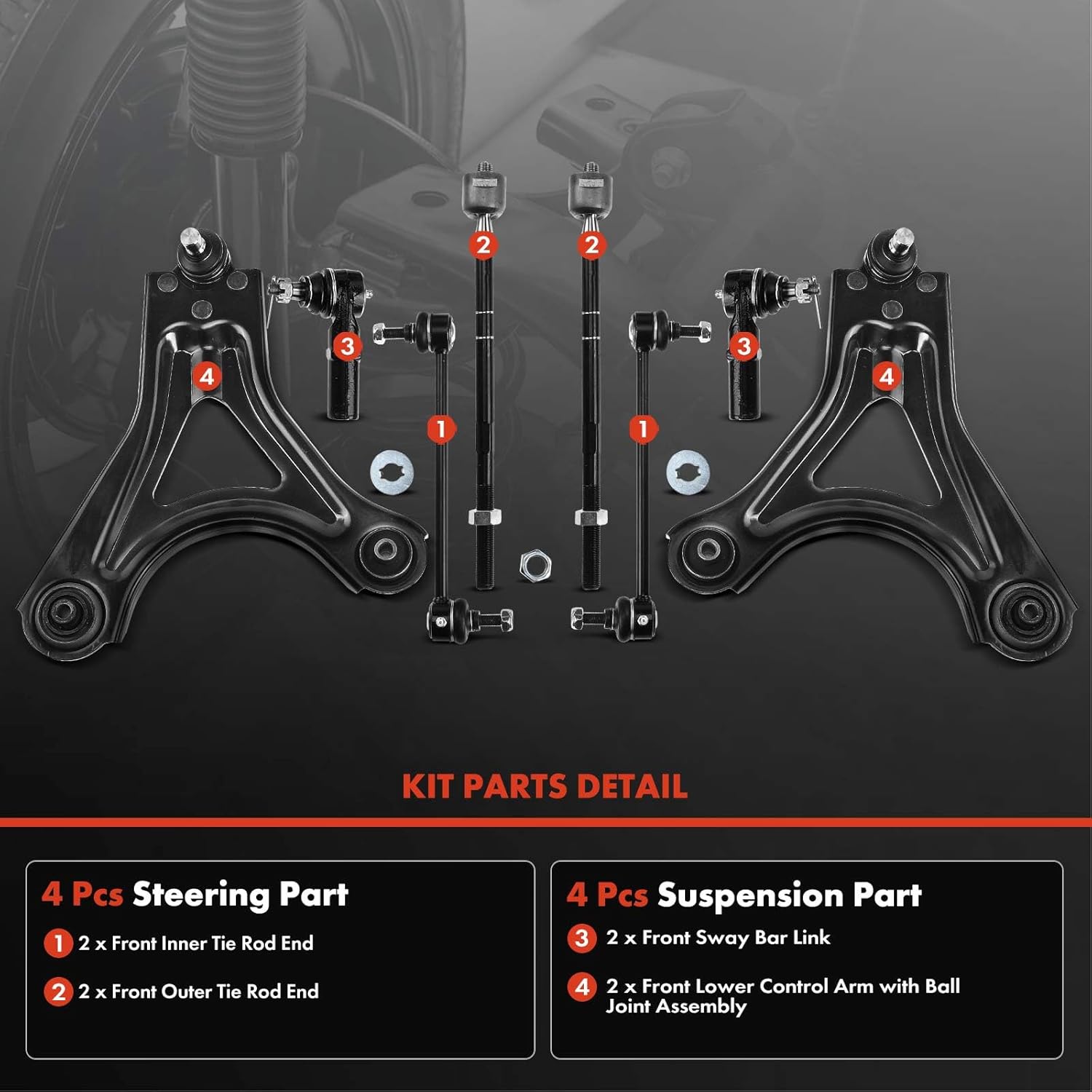 A-Premium Set of 8, Front Lower Control Arm, Sway Bar Link, Inner & Outer Tie Rod End, Compatible with Ford Contour 1998-2000, Mercury Cougar 1999-2002, Mystique 1998-2000