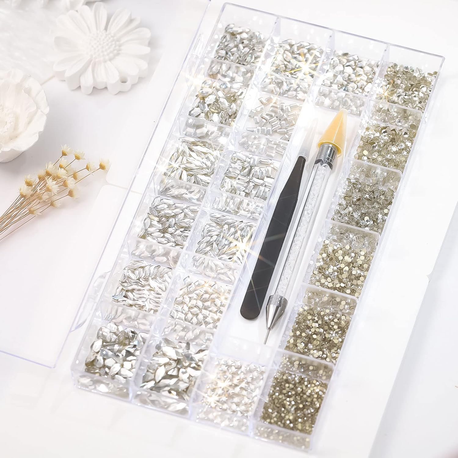 5500 Flat Back Rhinestones Round Crystal Rhinestones With Pick Up Tweezer And Picking Pen For Clothes