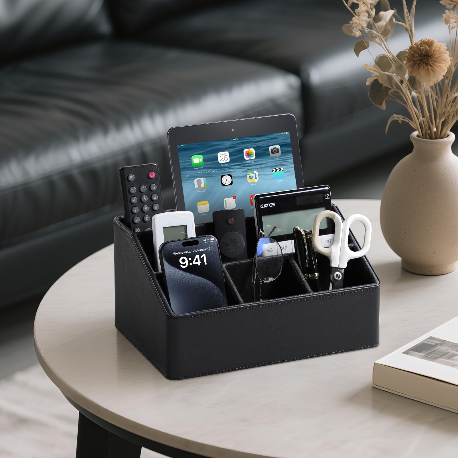 Schreibtisch-Organizer mit Untersetzer, Schreibtisch-Organizer aus PU-Leder mit Fernbedienung und Aufbewahrung für Lehrer, Schreibtischdekoration, Bürobedarf, Zuhause (Schwarz) | Luxuriöser Nachttisch-Organizer für Zuhause, Büro-Schreibtischzubehör, Nacht