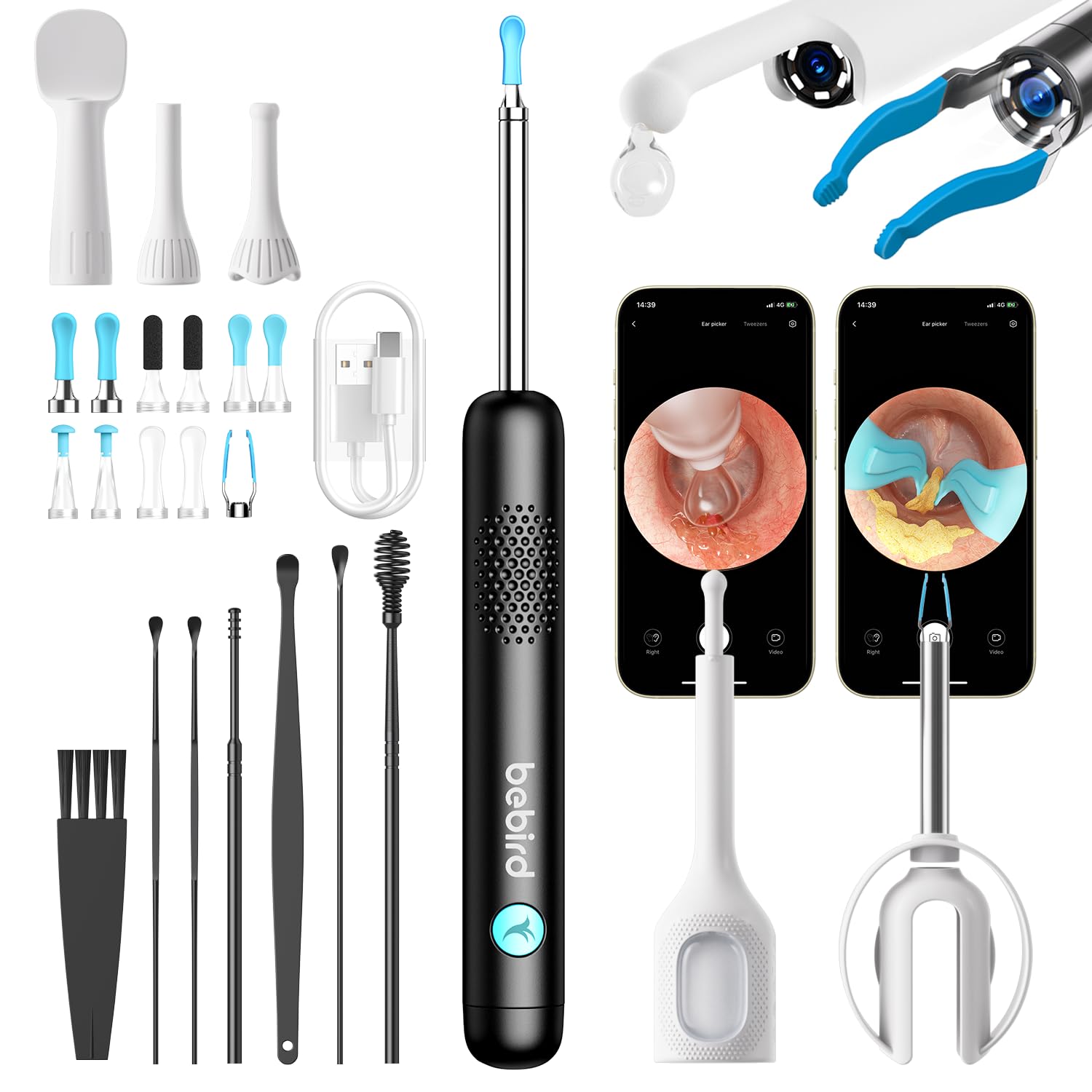 BEBIRD R1 Ultra Ohrenschmalz Entferner Kamera, Ohrenreiniger mit Kamera für Zuhause, Komplett-Set mit Pipette & Pinzette, zur Reinigung und Betrachtung für die ganze Familie-Tiefschwarz