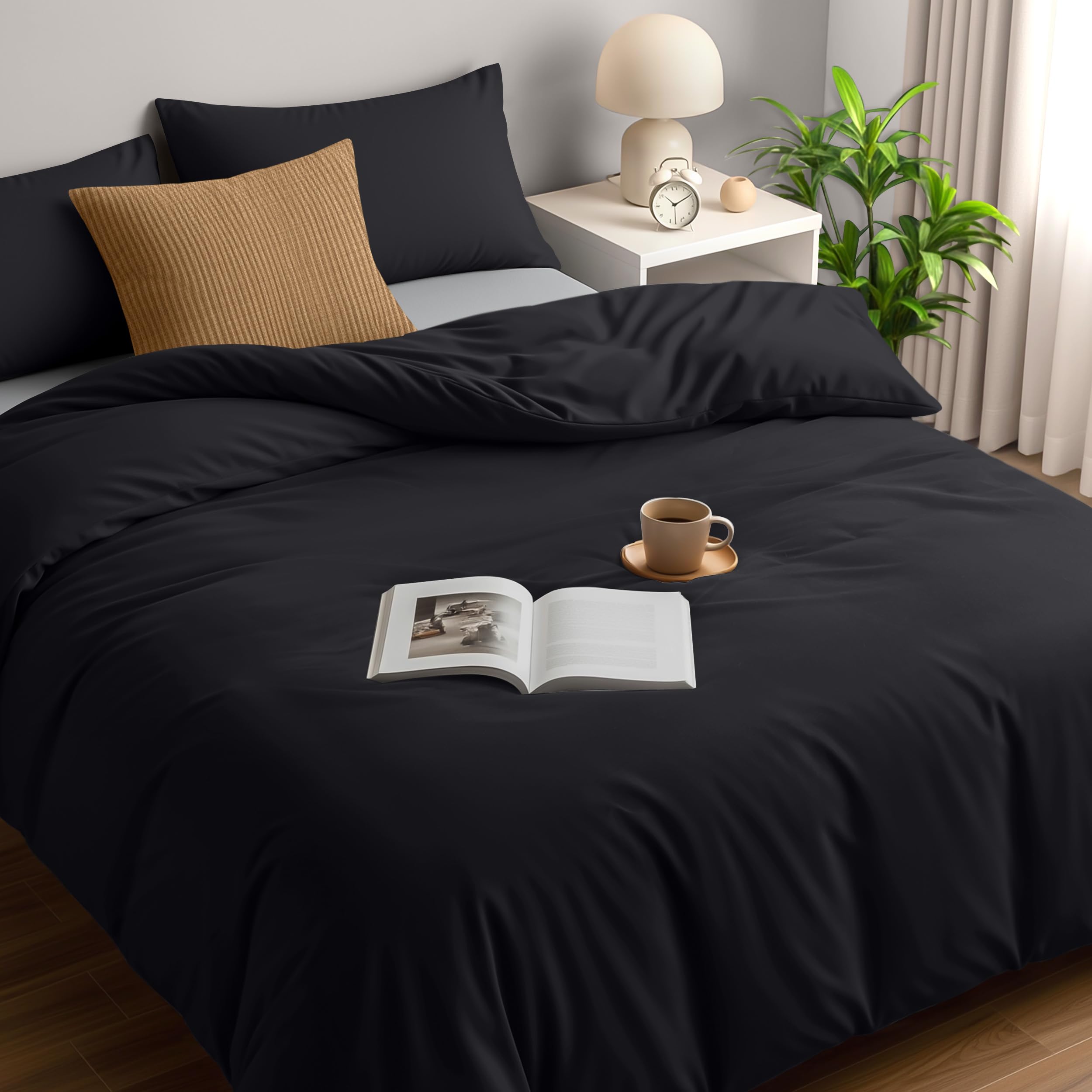Piumino King Size Comfy Bedding Con Cuciture A Doppio Ago E Imbottitura Ipoallergenica, 264x233 Cm, Con Due Federe 50x91 Cm, Colore Nero, In Microfibra