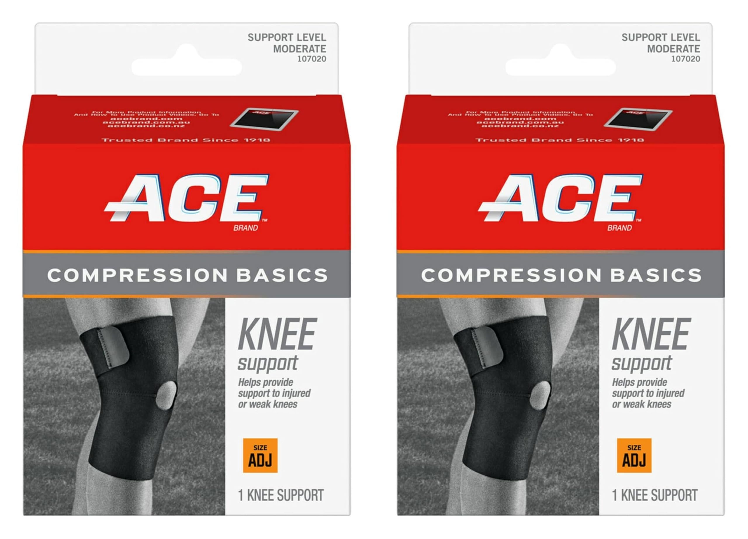 ACE Sport Basics Knee Support 107020, Adjustable, Works on Either Knee, 2 Pack