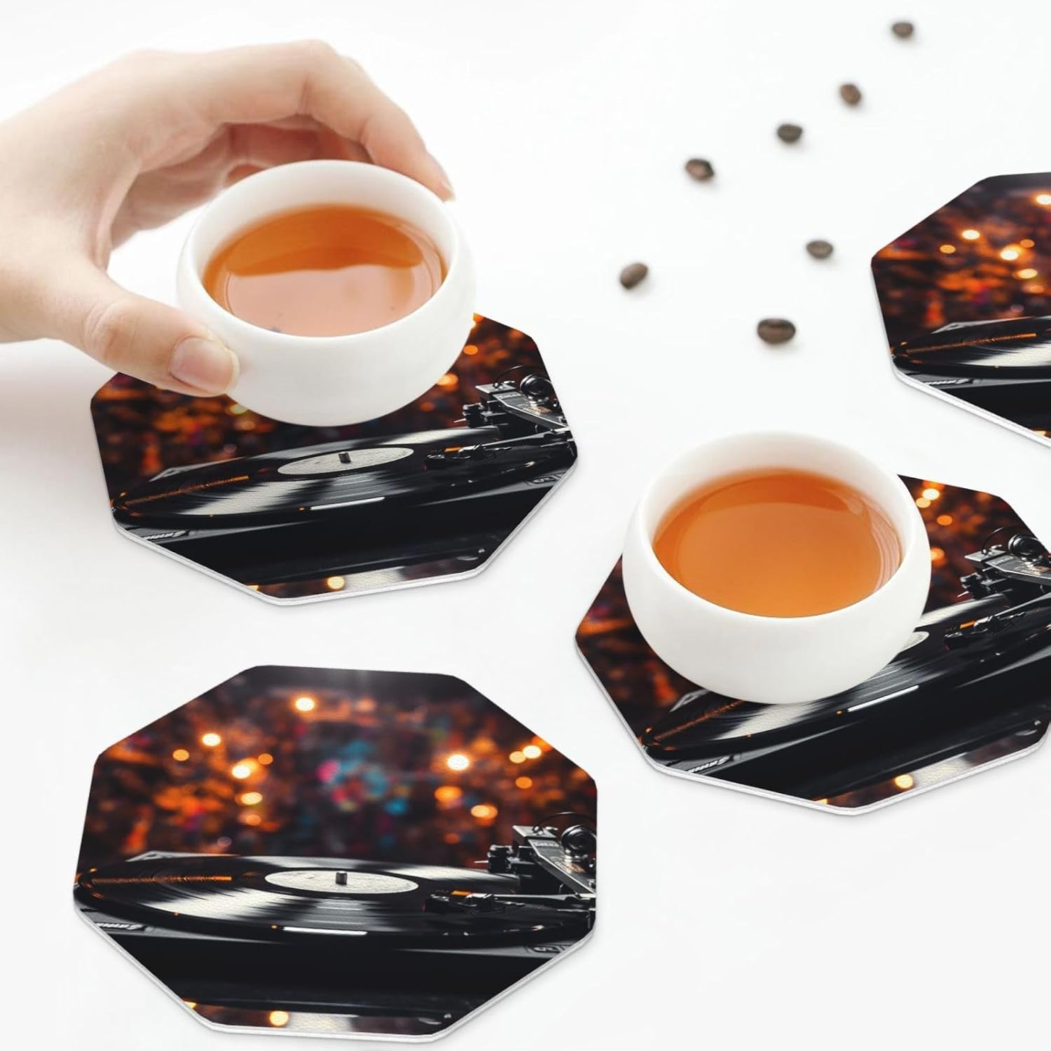 Music Album Frame Leather Coasters Set of 6 Non-Slip Heat Resistant Drink Coaster Waterproof Cup Mat Pad Bar Coasters for Home Office Decor Housewarming Gift image 5