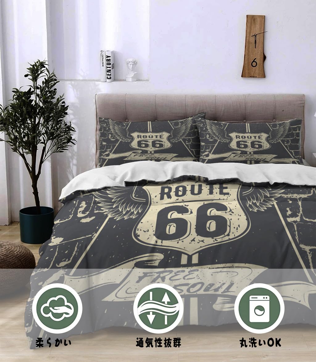 NIBAINLO 布団カバーフリーソウルルート66ハイウェイヴィンテージサイン 肌に優しい ピーチスキン加工 掛け布団カバー 和式 洋式 あったか 布団カバーセット リバーシブル ホームステイ ホテル 家庭兼用