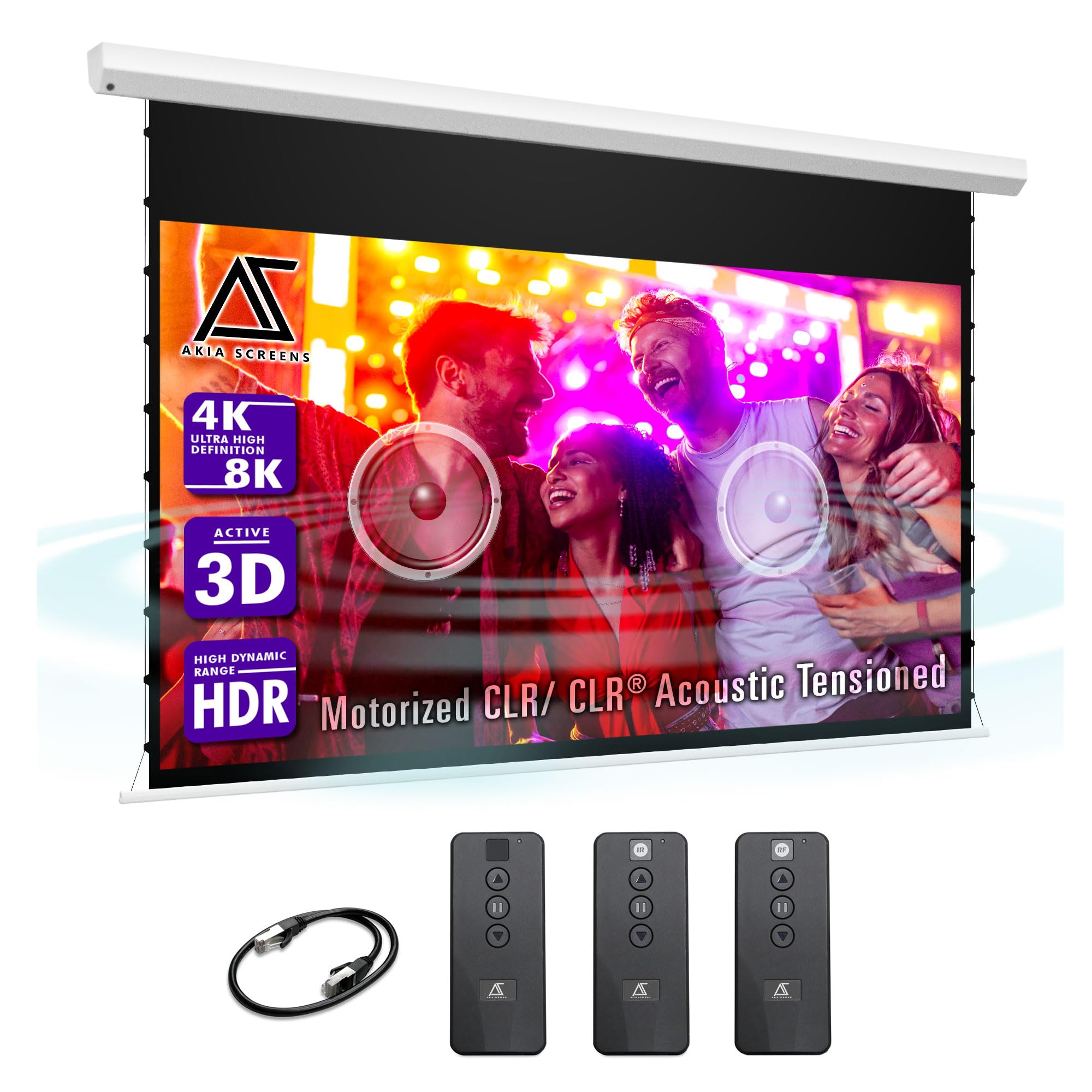 Akia Screens 110 inch Motorized Projector Screen Electric Drop Down Remote Controlled Ceiling Wall Mount Office Home Movie Theater AK-ELT110XHATC4D (Electric Wall/Ceiling Screen - CLR)