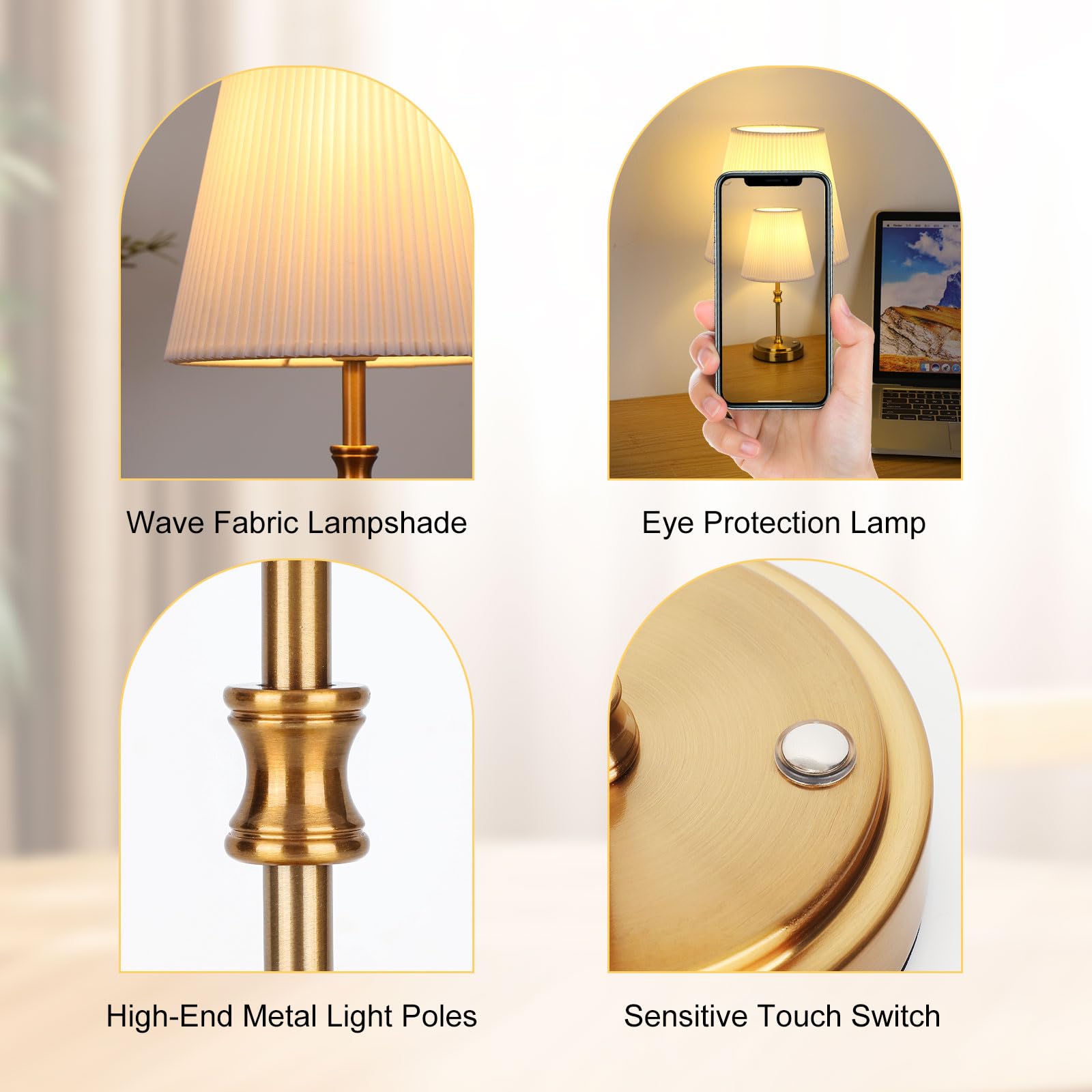 Glowlit Cordless Table Lamps Set of 2, 6000 mAh Rechargeable Lamp with Touch Control & Fabric Shade, Gold Metal Base - Image 4