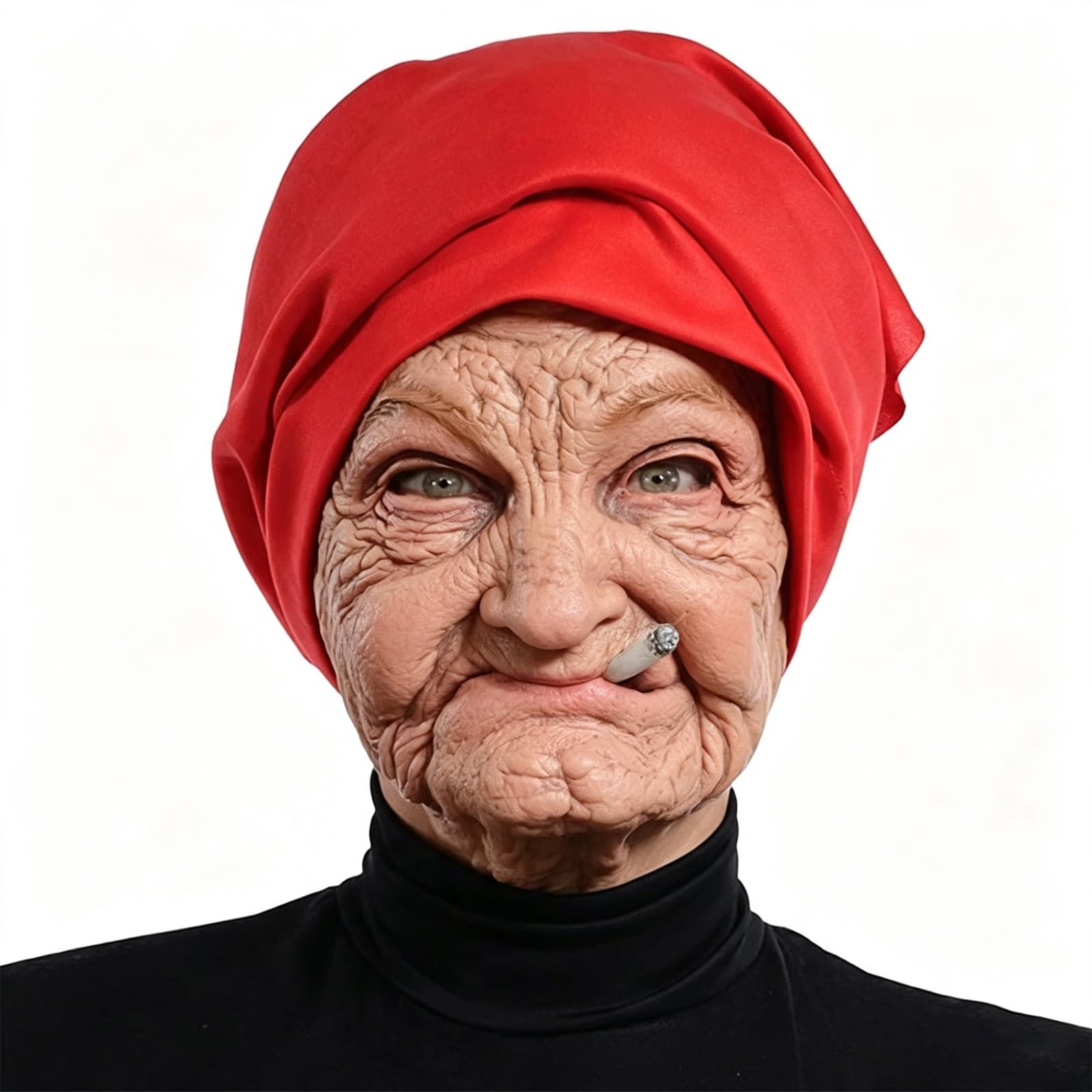 EHIOG Novelty Granny Mask Latex Full Head Old Lady Mask with Red Headscarf, Realistic Wrinkle Detail Creepy Halloween Fancy Dress Mask Adults Unisex