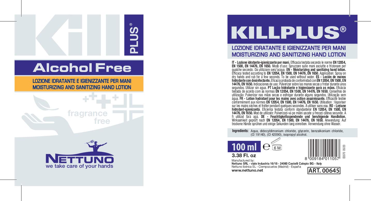 NETTUNO - 24 flaconi di detergente per mani senza risciacquo e senza alcool Kill Plus 100 ml con pompa spray