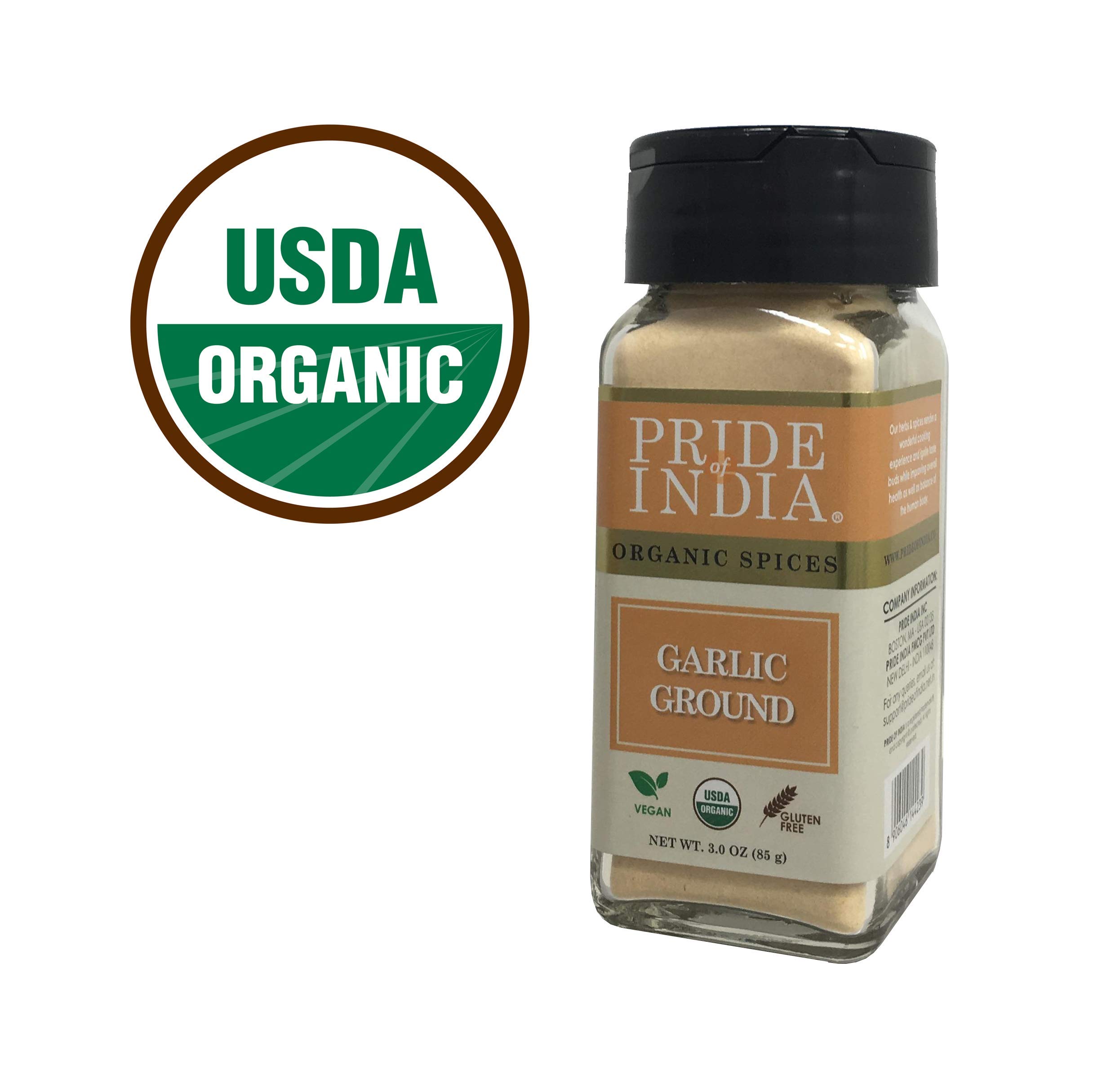 Pride Of India - Organic Garlic Fine Ground, 3oz (85gm) Dual Sifter Jar, Authentic Indian Staple Spice- Perfect Seasoning for Pasta, Soup