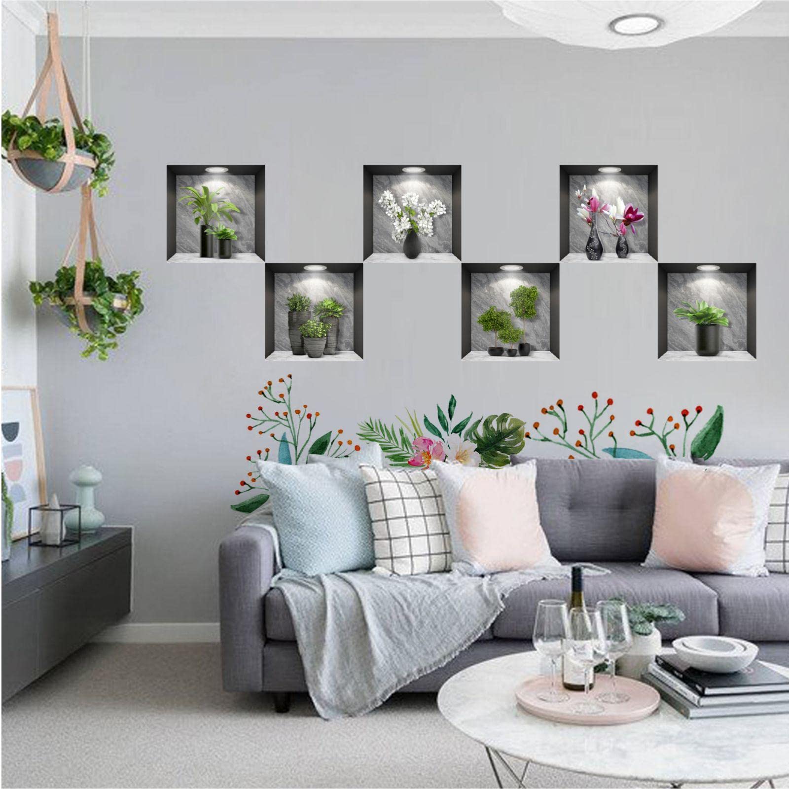 Stickers Muraux Vase 3D DOUSELLA - Lot De 3 Motifs Plantes - Autocollants Salon Cuisine 40x20cm