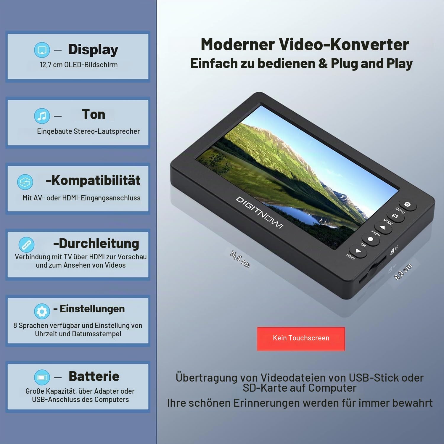 VHS zu Digital Konverter, HD Video Grabber, 1080P 60FPS Video zu Digital Converter, Aufnehmen von Video und Audio von VCR, VHS, Hi8, DVD, Camcorder (Schwarz Mini DV Abspielgerät)