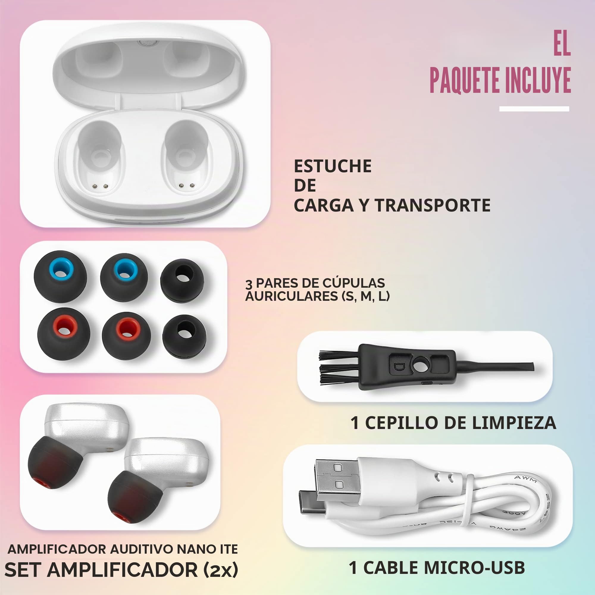 Par recargable con cancelación de ruido, dispositivo digital para personas mayores y adultos - ITC Nano Personal - Control de un toque y dispositivo de asistencia de baja distorsión, blanco