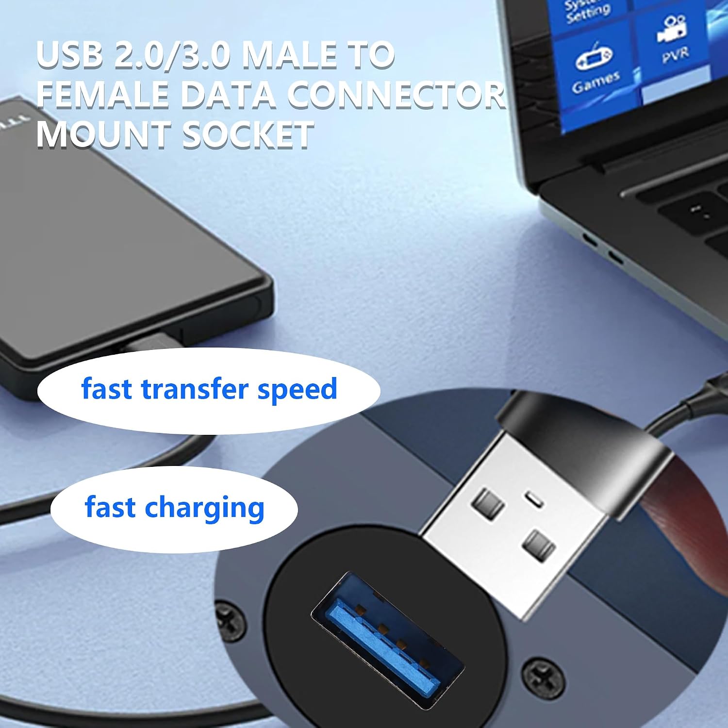 USB3.0 Panel Mount Connector - M22 Threaded USB Male to Female Extension Adapter with 5Gbps SuperSpeed, Waterproof & Dustproof USB Socket for Car Dashboard/Industrial Equipment