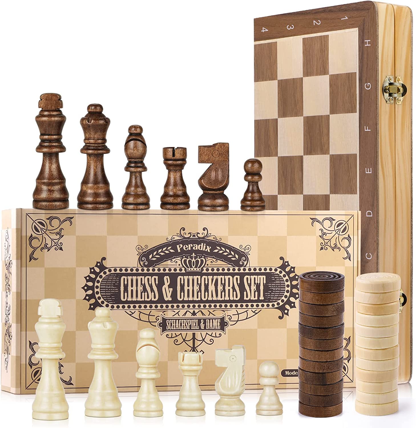Peradix 2 en 1 Ajedrez Magnético y Damas, Ajedrez Madera 38 X 38CM, con 2 Reinas Extra, Plegable y Fácil de Llevar, Regalos Ideales y Juegos del Aire Libre