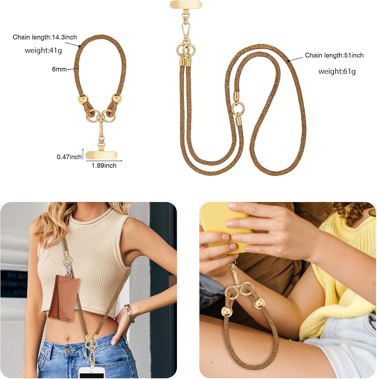 Crystal Phone Strap Crossbody and Wrist Lanyard, Anti Theft Layered & Wrist Strap Cell Phone Neck for Women image 5
