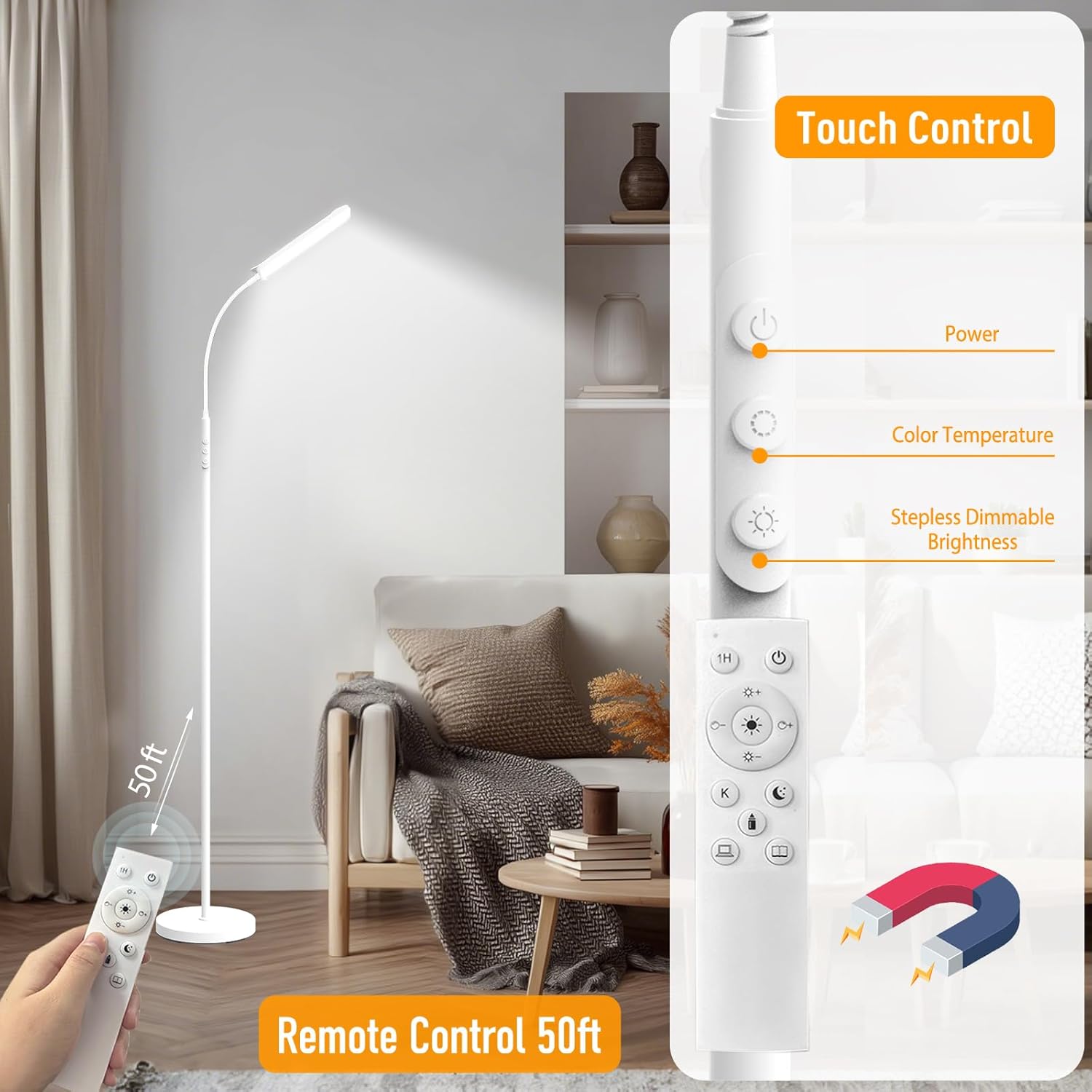 White Floor Lamp, 18W 1800LM Bright LED Floor Lamps for Living Room Bedroom, Dimmable Timing Eye Caring Reading Standing Lamp with Remote & Works with Smart Plug