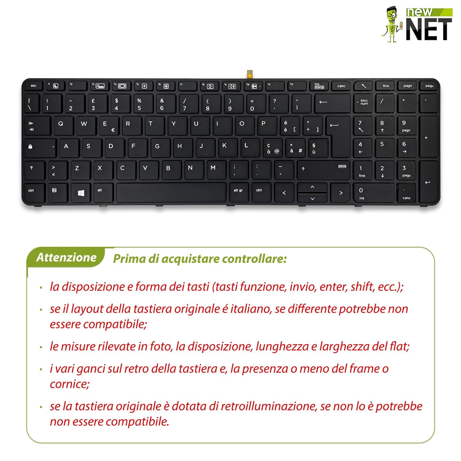 Tastiera HP ProBook 450 G5 Compatibile Con Frame Nero – Non Retroilluminata Layout ITA, Ricambio OEM Con Codici L01028-061 E SG-87800-2IA
