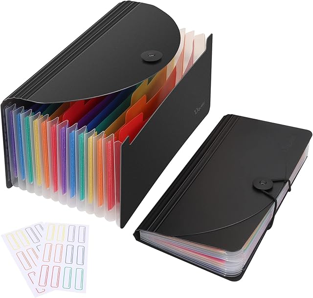 Uquelic Mini Accordion Receipt Folder - 13 Pockets Expanding Coupons Storage Plastic Receipt Organisers Document Wallet for Bills/Coupons (10 x 5 inch) (2Pcs Black and Black)