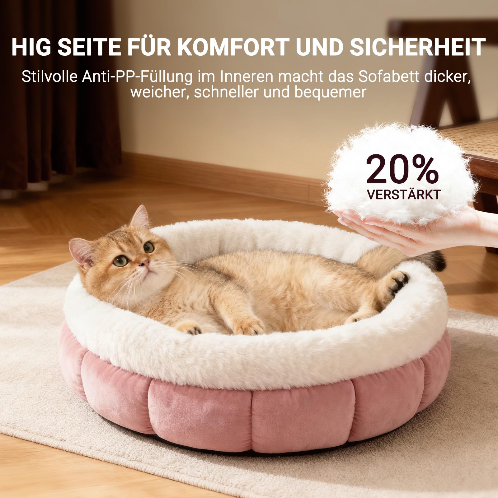 EDMIENS Katzenbett Klein, Katzenbett Flauschig Waschbar, Katzen Bett Indoor, Katzenkissen Rosa, Rund Katzenkörbchen mit Rutschfester Basis, Katzenschlafplatz für Katzen, Kleine Hunde, 45x45x16.5cm